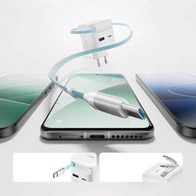 4. Ładowarka sieciowa Cuktech AD653W 67 W GaN 2x USB-C + USB-A ze zwijanym kablem USB-C 70 cm - biała