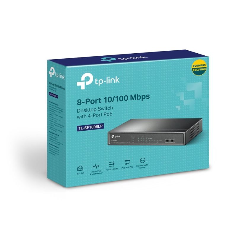 3. Switch TP-LINK TL-SF1008LP Przełącznik typu desktop, 8 portów 10/100 Mb/s, 4 porty PoE , 8 portów RJ45 10/100 Mb/s, 4 porty PoE, transfer danych i zasilanie urządzeń przy wykorzystaniu tych samych kabli, Instalacja typu plug and play, nie wymaga konf