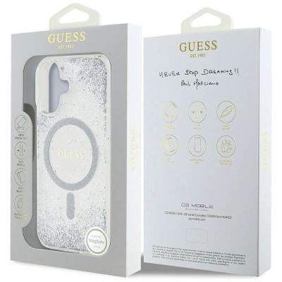 8. Etui Guess HC Resin Bottom Glitter MagSafe na iPhone 16 - srebrne