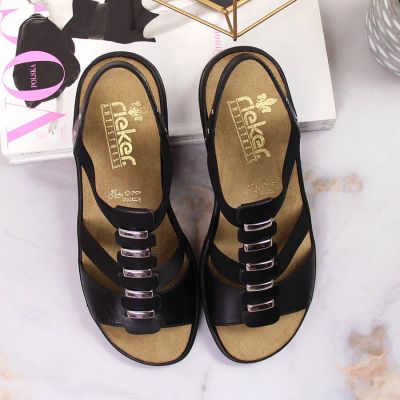 7. Sandały skórzane rzymianki czarne Rieker W 64580