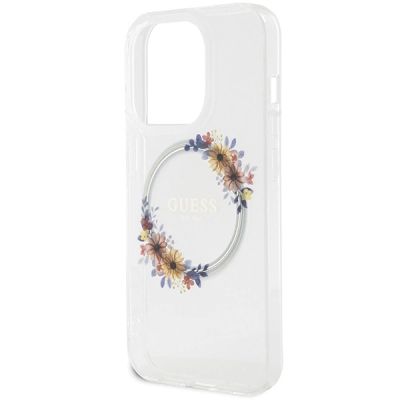 6. Etui Guess IML Flowers Wreatch MagSafe na iPhone 15 Pro - przezroczyste