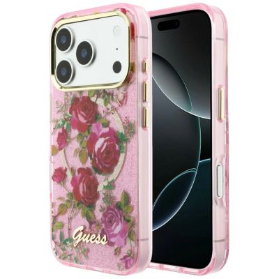 Etui Guess IML Glitter Blossom Roses na iPhone 17 Pro / 18 Pro - różowe