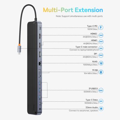 11. Baseus EliteJoy Gen2 uniwersalny HUB USB 12w1 z kablem USB-C 25cm podstawka pod notebook USB-A / USB-C / DP / HDMI / SD / TF / RJ45 / 3,5mm jack / PD 100W szary (WKSX030213)