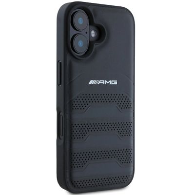4. Etui AMG Leather Debossed Lines Black Logo na iPhone 16 - czarne