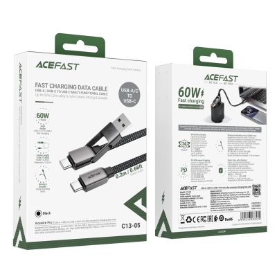 8. Kabel Acefast C13-05 USB-C - USB-A / USB-C 480Mb/s 3A 0.2m - czarny