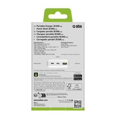 3. Powerbank SBS TTBB20000PD20W 20000 mAh 20W Power Delivery z MicroUSB, USB-C, USB-A - biały