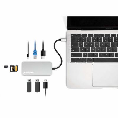 7. Stacja dokująca MANHATTAN USB-C 8 w 1 z zasilaniem USB 3.2 Gen 1 Type-C męski na żeński HDMI, trzy porty USB-A, gigabitowy port RJ45, port USB-C Power Delivery, czytnik kart SD/MicroSD, aluminium, gwiezdna szarość (13061)