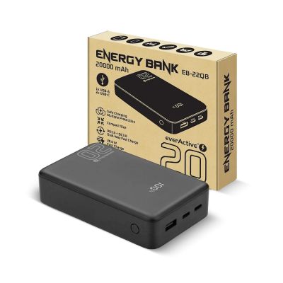 4. EVERACTIVE POWERBANK 20 000MAH, 1X USB, 2X USB-C, 20W, QC4+, WYŚWIETLACZ LCD, CZARNY EB-22QB