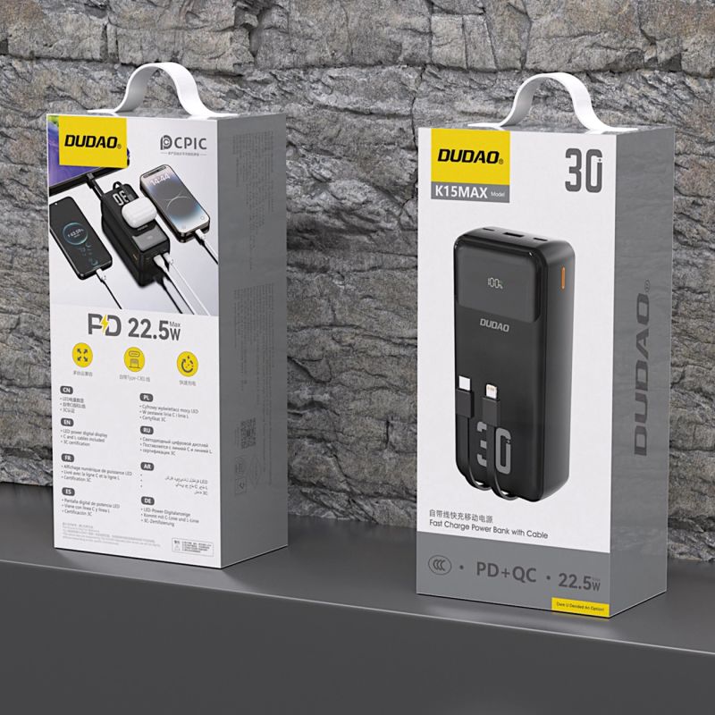 2. Powerbank Dudao K15MAX 30000mAh PD 22.5W z wbudowanymi kablami - czarny