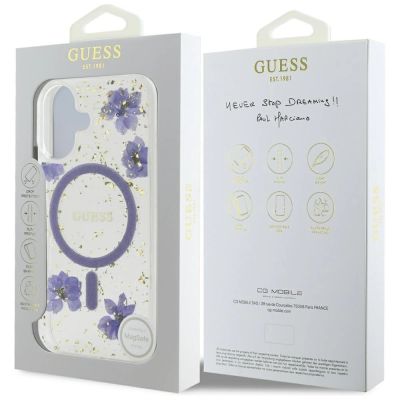 8. Etui Guess Resin Flowers Glitter MagSafe na iPhone 16 - fioletowe
