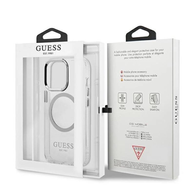 8. Etui Guess Metal Outline MagSafe na iPhone 13 Pro / iPhone 13 - srebrne