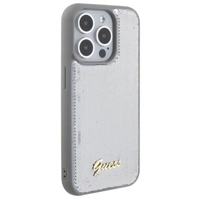4. Etui Guess Sequin Script Metal na iPhone 15 Pro Max - srebrne