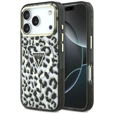Etui Guess IML Leopard Glitter Triangle Logo MagSafe na iPhone 17 Pro / 18 Pro - czarne
