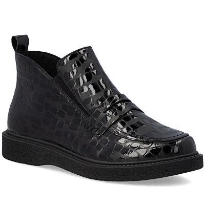 Skórzane botki damskie lakierowane kroko czarne Rieker 71150-00