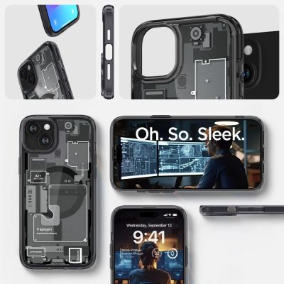 15. Etui Spigen Ultra Hybrid Mag z MagSafe na iPhone 15 Plus - ciemnoszare (wzór Zero One)