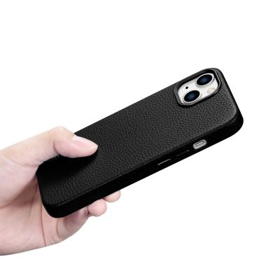 19. iCarer Litchi Premium Leather Case skórzane etui iPhone 14 Plus magnetyczne z MagSafe czarny (WMI14220711-BK)
