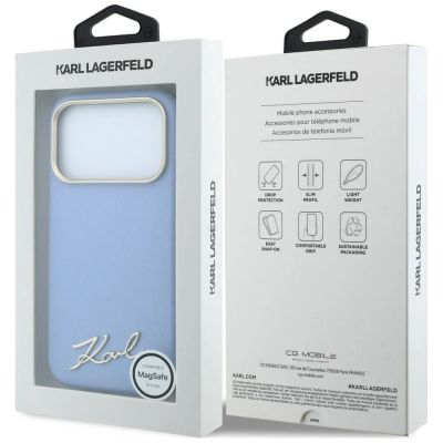 8. Etui Karl Lagerfeld Saffiano Small Script Metal Logo MagSafe na iPhone 17 Pro / 18 Pro - jasnoniebieskie