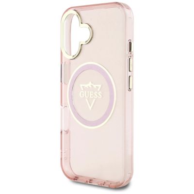 6. Etui Guess IML Metal Mountain Logo MagSafe na iPhone 16 - różowe