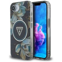 Etui Guess IML Metal Glitter Flowers Triangle MagSafe na iPhone 16e - czarne