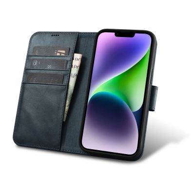 4. iCarer Oil Wax Wallet Case 2in1 etui iPhone 14 Plus skórzany pokrowiec z klapką Anti-RFID niebieski (WMI14220723-BU)