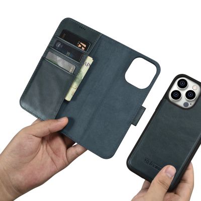 14. iCarer Oil Wax Wallet Case 2in1 etui iPhone 14 Pro skórzany pokrowiec z klapką Anti-RFID niebieski (WMI14220722-BU)
