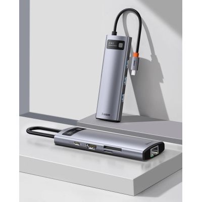 12. Hub Baseus Metal Gleam 8w1 USB-C - USB-C PD 100W 1x HDMI 4K 30Hz 1x czytnik kart SD i microSD 3x USB-A 3.2 1xRJ45 - szary
