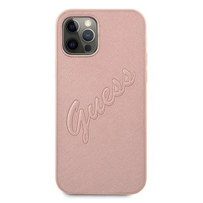 3. Etui Guess Saffiano Vintage Script na iPhone 12 Pro Max - różowe