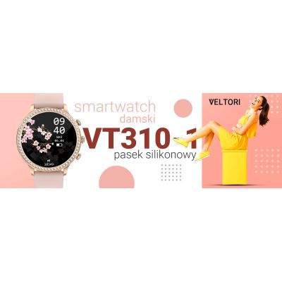 10. Smartwatch Damski VELTORI VT310-1 Złota Bransoleta + Różowy Pasek Silikonowy