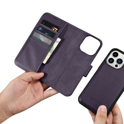 14. iCarer Wallet Case 2in1 etui iPhone 14 Pro skórzany pokrowiec z klapką Anti-RFID ciemnofioletowy (WMI14220726-DP)
