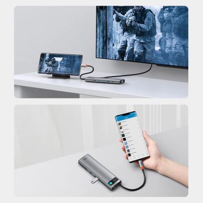 24. Baseus Metal Gleam 11w1 wielofunkcyjny HUB USB Typ C - 3x USB 3.2 Gen 1 5Gbps / USB Typ C PD 100W / 3,5 mm mini jack AUX / VGA Full HD 60Hz / 2x HDMI 4K 30Hz / czytnik kart TF i SD / RJ45 1Gbps szary (CAHUB-CT0G)