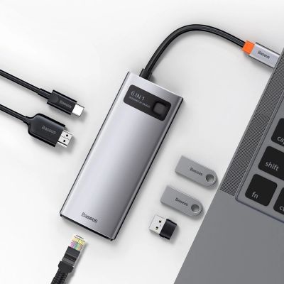 10. HUB Baseus Metal Gleam 6w1 USB-C - USB-C PD 100W 1x HDMI 4K 30Hz 3x USB-A 3.2 1x RJ45 - szary