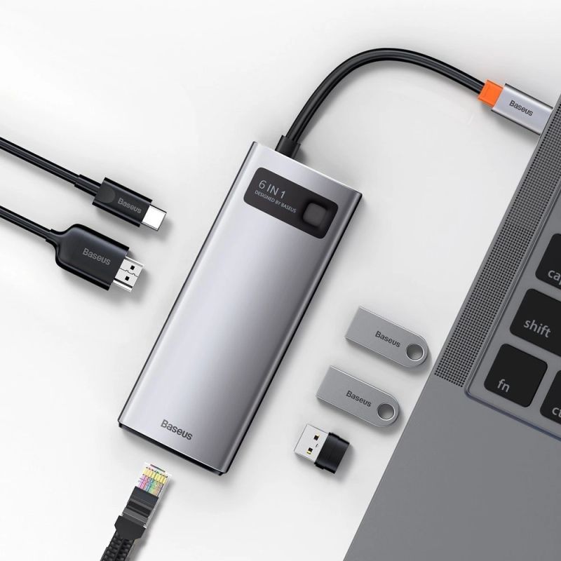 10. HUB Baseus Metal Gleam 6w1 USB-C - USB-C PD 100W 1x HDMI 4K 30Hz 3x USB-A 3.2 1x RJ45 - szary
