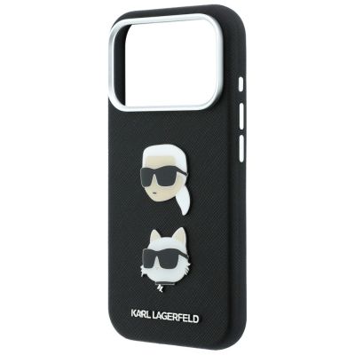 7. Etui Karl Lagerfeld Saffiano Karl&Choupette Heads Pins Strap Logo na iPhone 18 Pro / 17 Pro - czarne