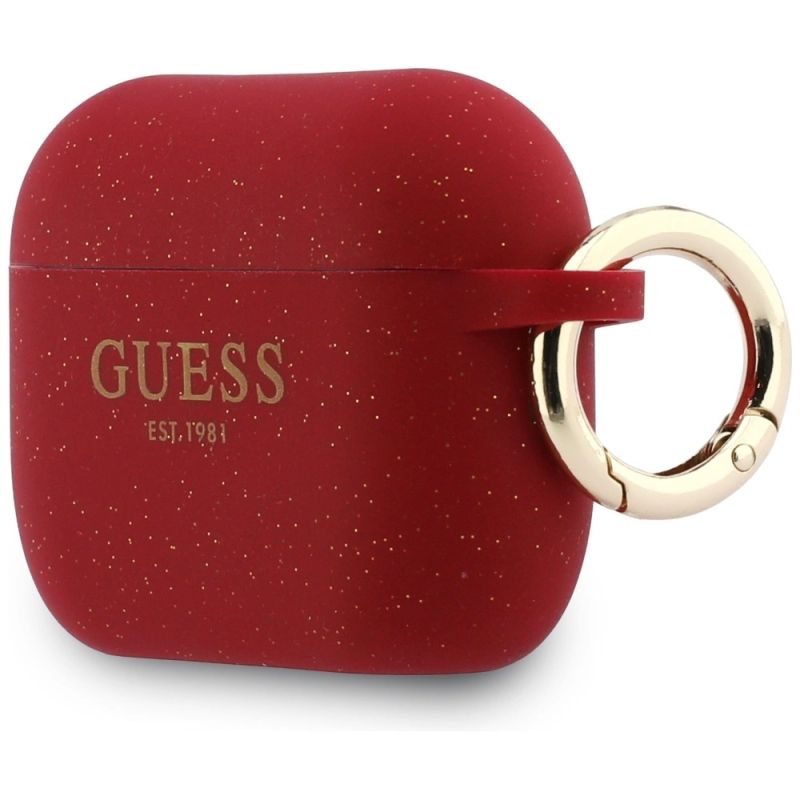 3. Etui Guess Silicone Glitter Ring na AirPods Pro 3 - czerwono-brokatowe