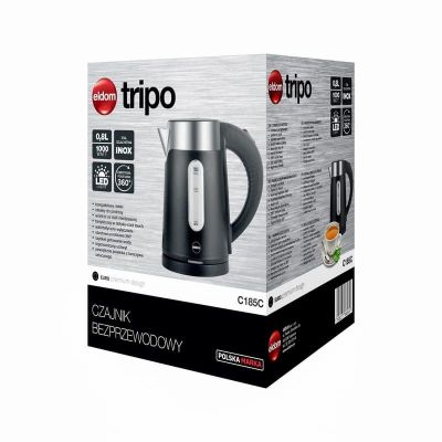 14. ELDOM CZAJNIK BEZPRZEWODOWY C185C TRIPO CZARNY 1000W 0,8 L, BPA-FREE, IZOLOWANY