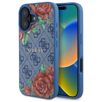 Etui Guess 4G Flowers Print MagSafe na iPhone 16 6.1" - niebieskie