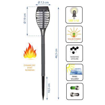 11. POCHODNIA LAMPA SOLARNA TAŃCZĄCE PŁOMYKI 12 LED SMD 7,5x7,5x46,5CM SZARA