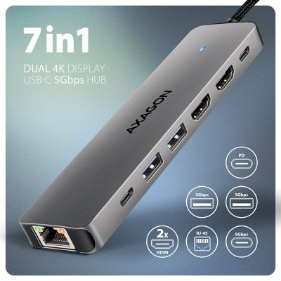 10. Hub USB Axagon HMC-7HX2 USB 3.2 Gen 1 (3.1 Gen 1) Type-C Szary