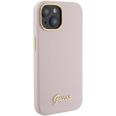 4. Etui Guess Silicone Script Metal Logo & Frame do iPhone 15 - różowe