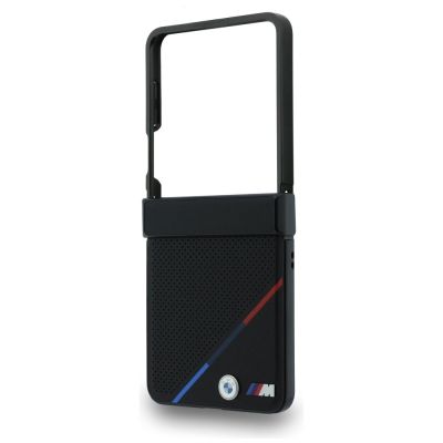 5. Etui BMW M Leather Perforated Tricolor Stripe Metal Logos MagSafe na Samsung Galaxy Z Flip 8 - czarne