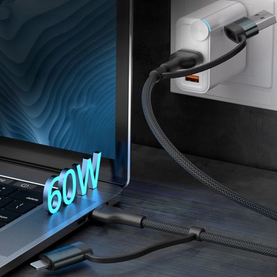 14. Kabel 3mk Hyper Cable N-SERIES 2 in 2 USB-A / USB-C i USB-C / Lightning 1.2m QC 3.0 9V/2A 60W - czarny
