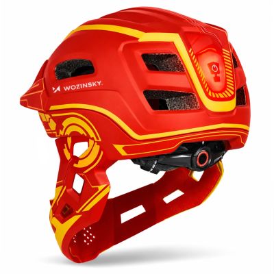 6. Kask rowerowy fullface dziecięcy Wozinsky z tylną lampką USB 52-56 cm - czerwono-żółty