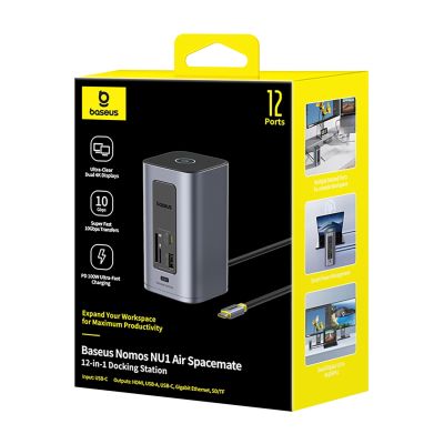 7. Stacja dokująca Baseus NU1 Air Spacemate hub 12w1 USB-C - 2xHDMI 4K@60Hz 2xUSB-C 10Gb/s 2xUSB-A 5Gb/s 2xUSB-A (480Mb/s) RJ45 SD/microSD 3.0 USB-C (PD) - szara
