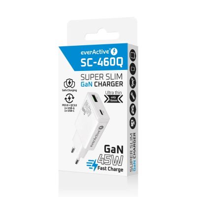 8. EVERACTIVE ŁADOWARKA SIECIOWA GAN 1 X USB, 1 X USB-C QUICK CHARGE 3.0 45W BIAŁA SC-460Q